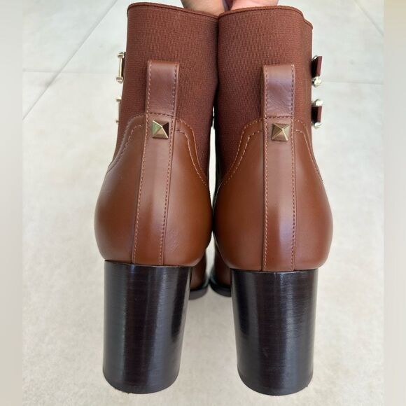 Valentino Rockstud Calfskin Buckle-Strap Ankle Boots Block Heel Brown Size 37US7 - Picture 9 of 11